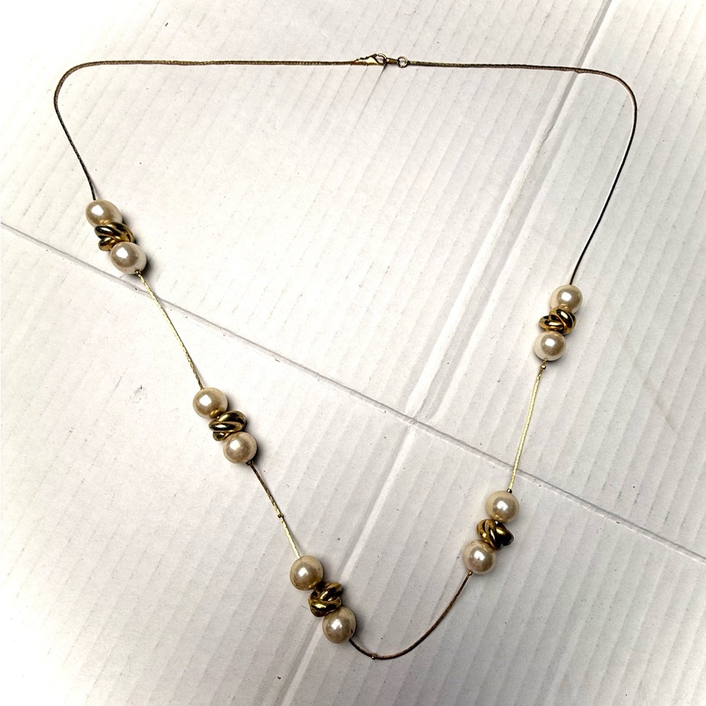Vintage Gold Tone &‎ Faux Pearl Necklace Thin Chain Beads 28” Long Classic 80s